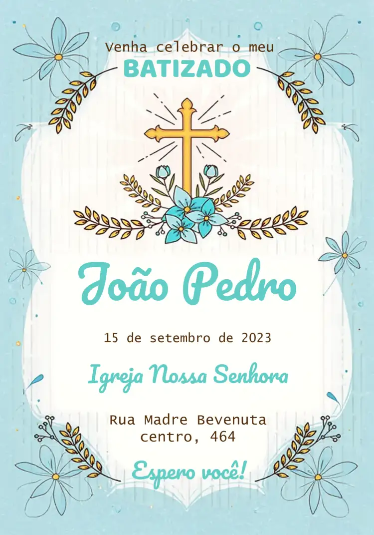 Convite Batizado Menino Azul Ramo – tema Batizado azul suave, minimalista, elegante, gráficos religiosos, moderno, delicado