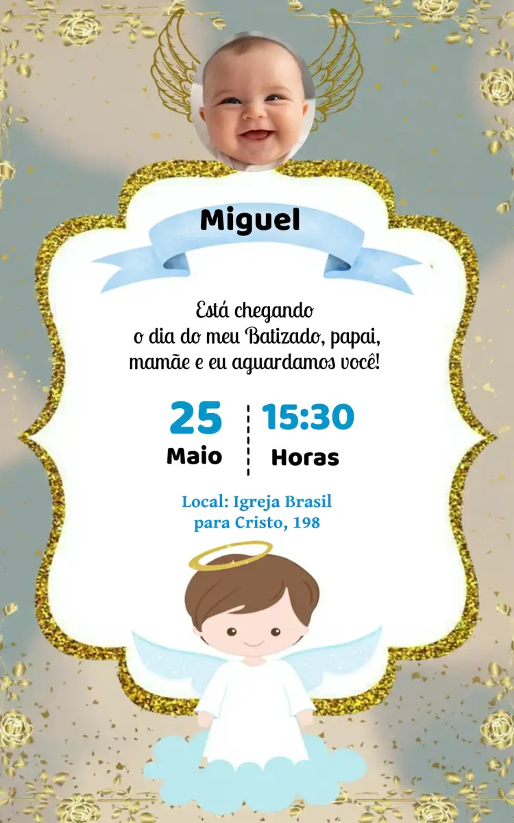 Convite Batizado Menino Com Foto Batismo – tema Primeira Comunhão azul, dourado, glitter, infantil, divino, elegante