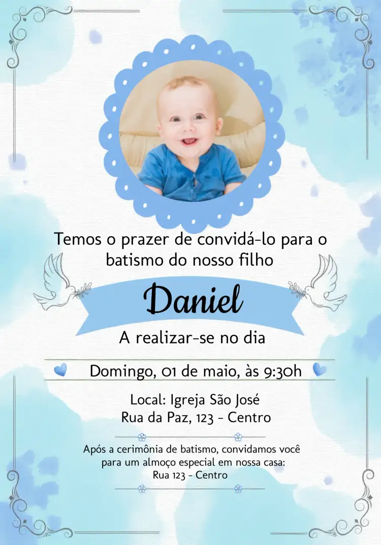 Convite Batizado Menino Com Foto Branco – tema Batizado branco, azul, minimalista, elegante, moderno, clean