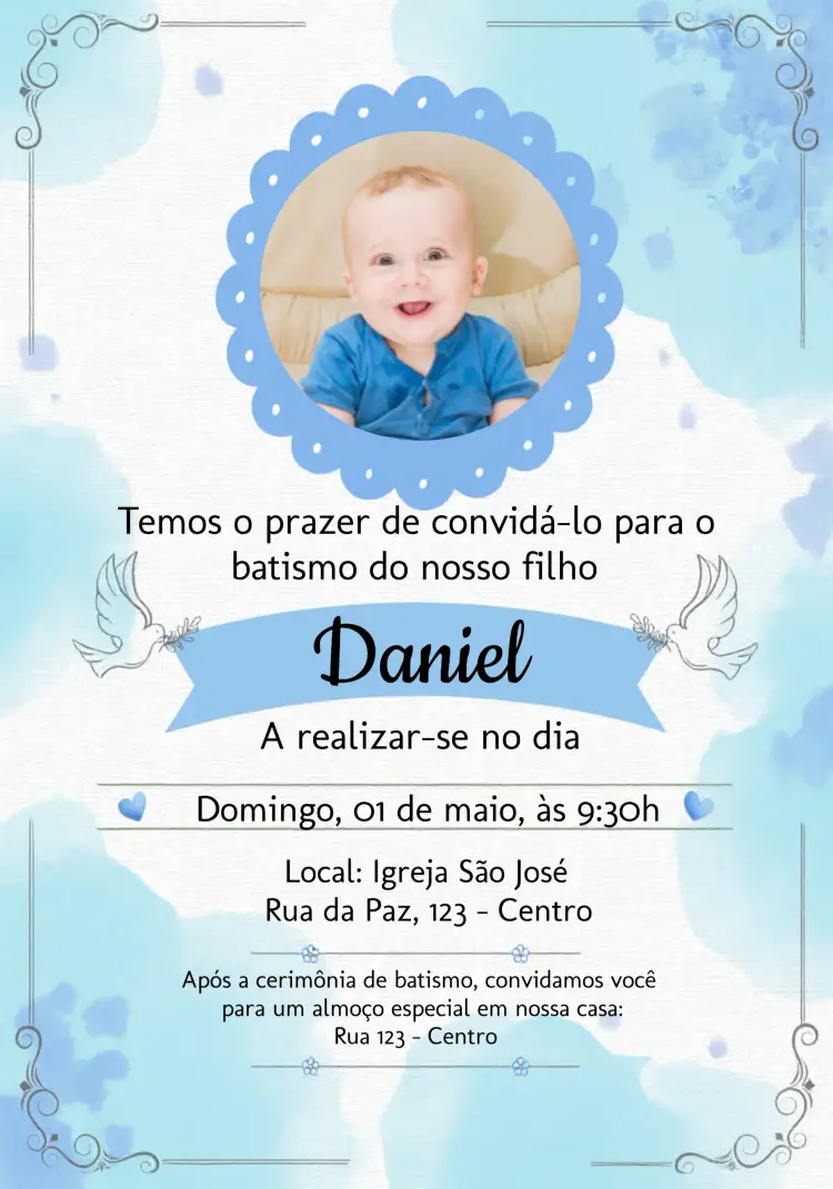 Convite Batizado Menino Com Foto Branco editável e personalizável