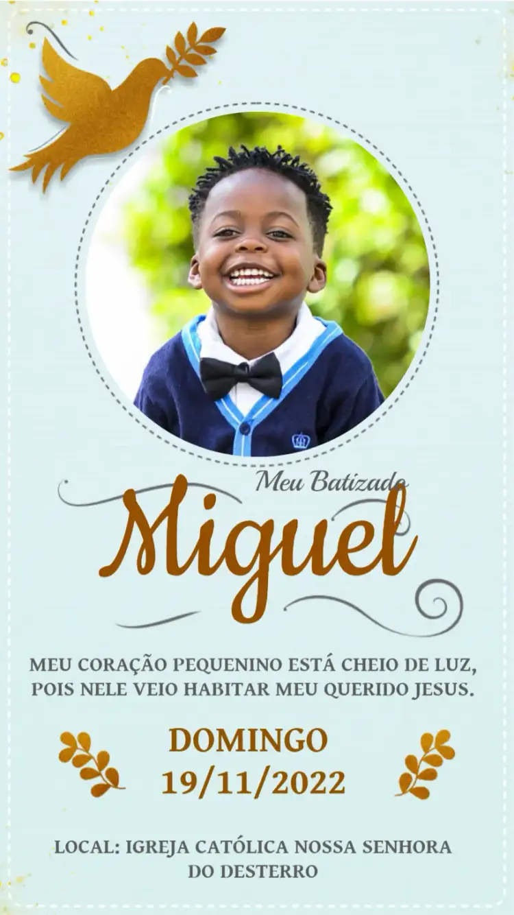 Convite Batizado Menino Com Foto Pássaro – tema Batizado azul suave, pássaros, moderno, minimalista, delicado, infantil