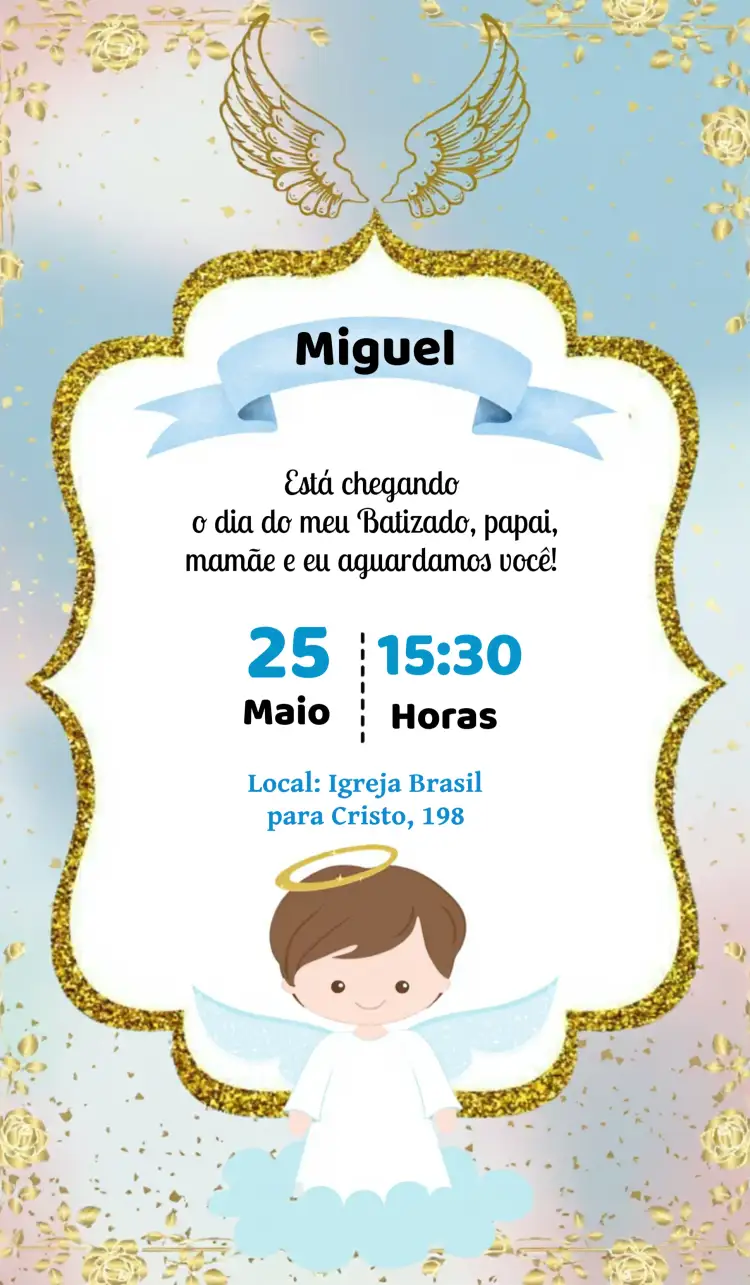 Convite Batizado Menino Primeira – tema Primeira Comunhão delicado, religioso, azul claro, anjos, minimalista, moderno