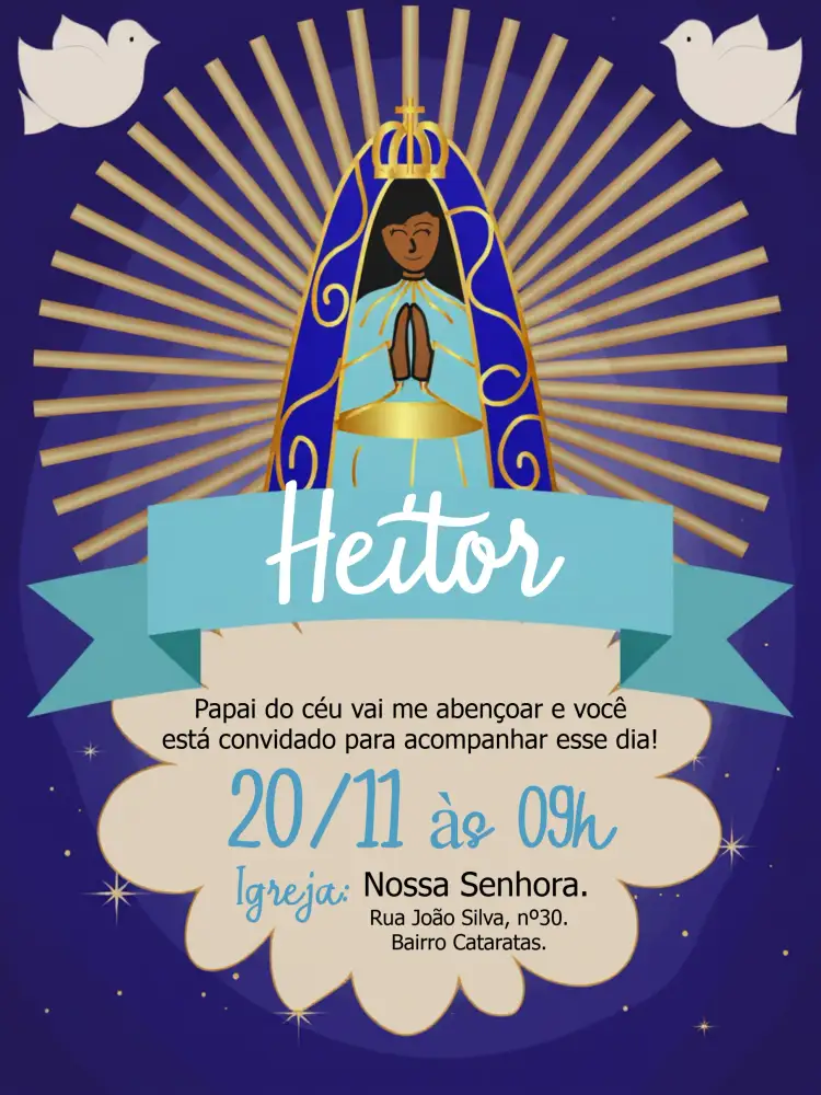 Convite Batizado Nossa Senhora Igreja – tema Batizado elegante, religioso, moderno, azul e dourado, clássico, minimalista