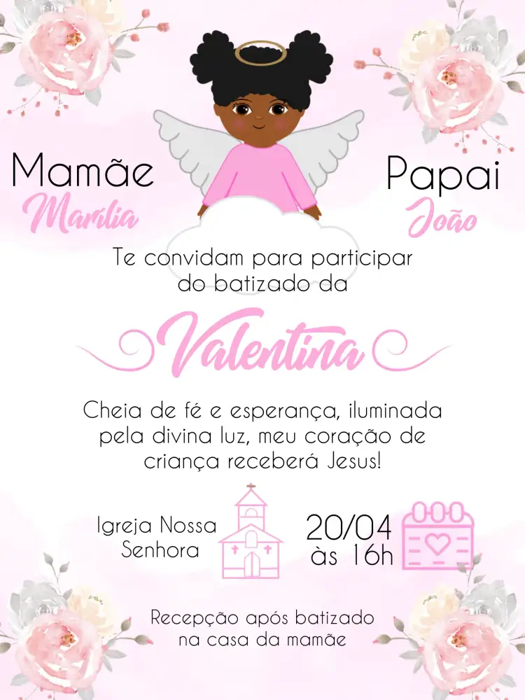 Convite Batizado Padrinho – tema Batizado floral, rosa, branco, anjinhos, delicado, infantil