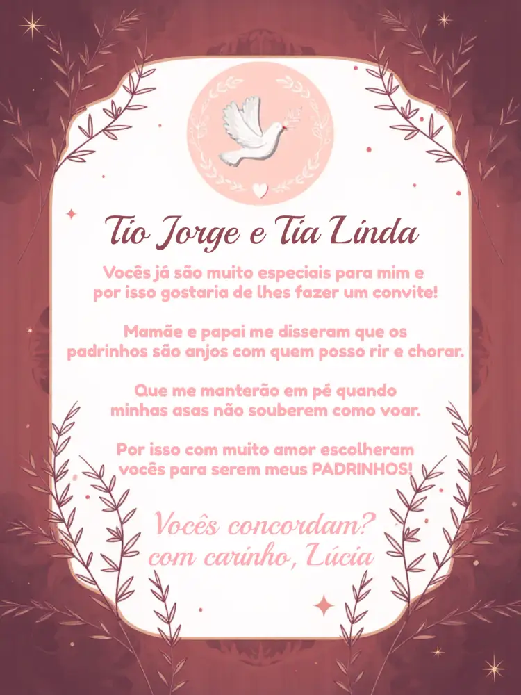 Convite Batizado Padrinhos Anjinha Rosa – tema Batizado delicado, anjinhos, rosa e branco, religioso, minimalista