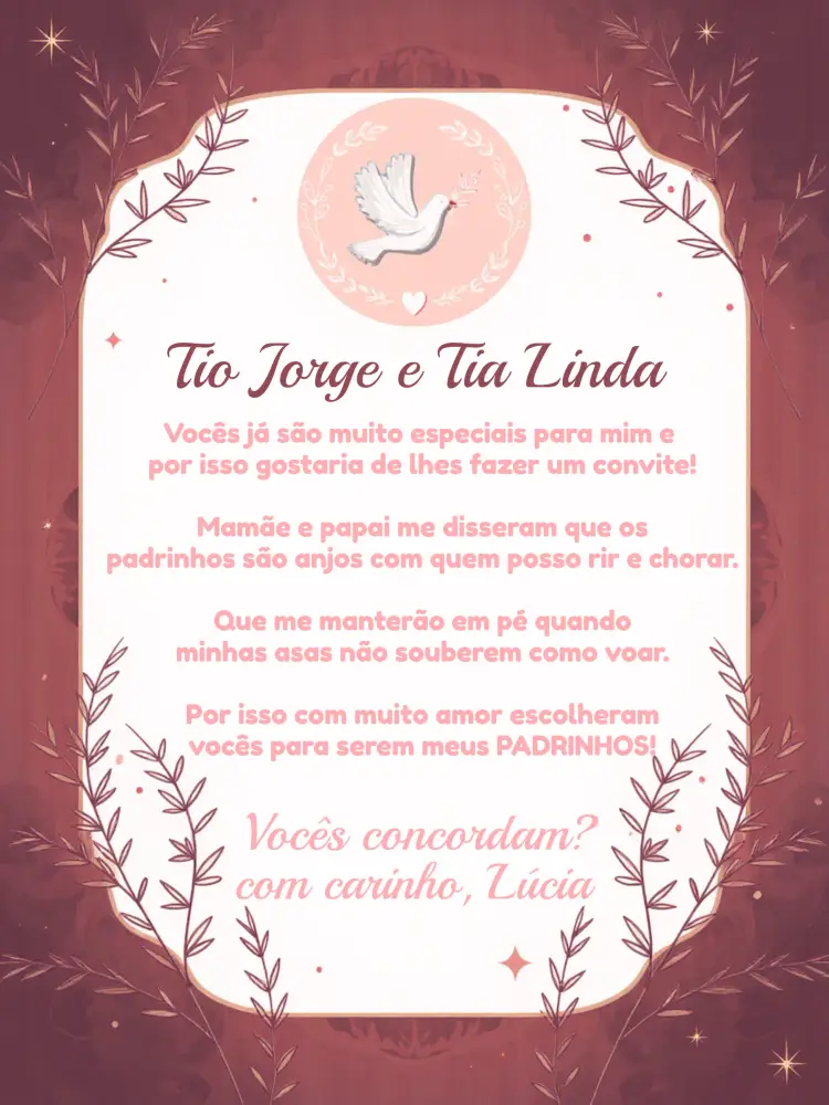 Convite Batizado Padrinhos Anjinha Rosa