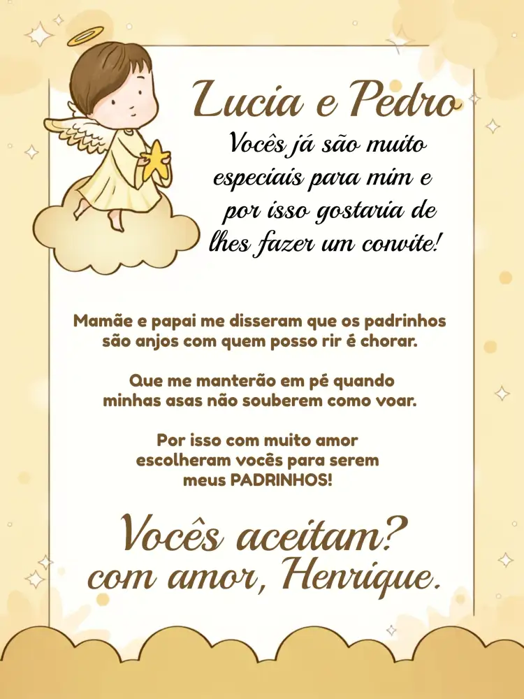 Convite Batizado Padrinhos Anjinho Batismo – tema Batizado anjinho, dourado, marrom, religioso, minimalista, infantil
