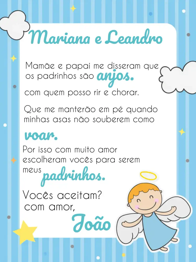 Convite Batizado Padrinhos Anjinho Igreja – tema Batizado anjinho, azul, branco, religioso, infantil, delicado