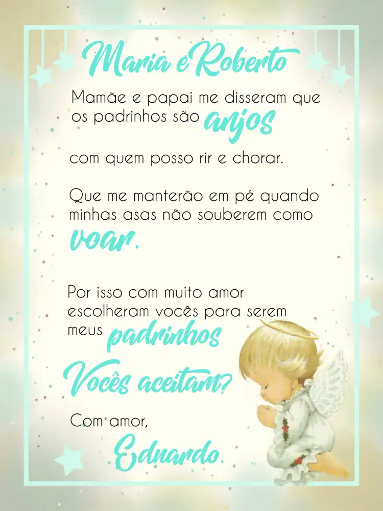 Convite Batizado Padrinhos Branco – tema Batizado branco, azul, anjinhos, elegante, delicado