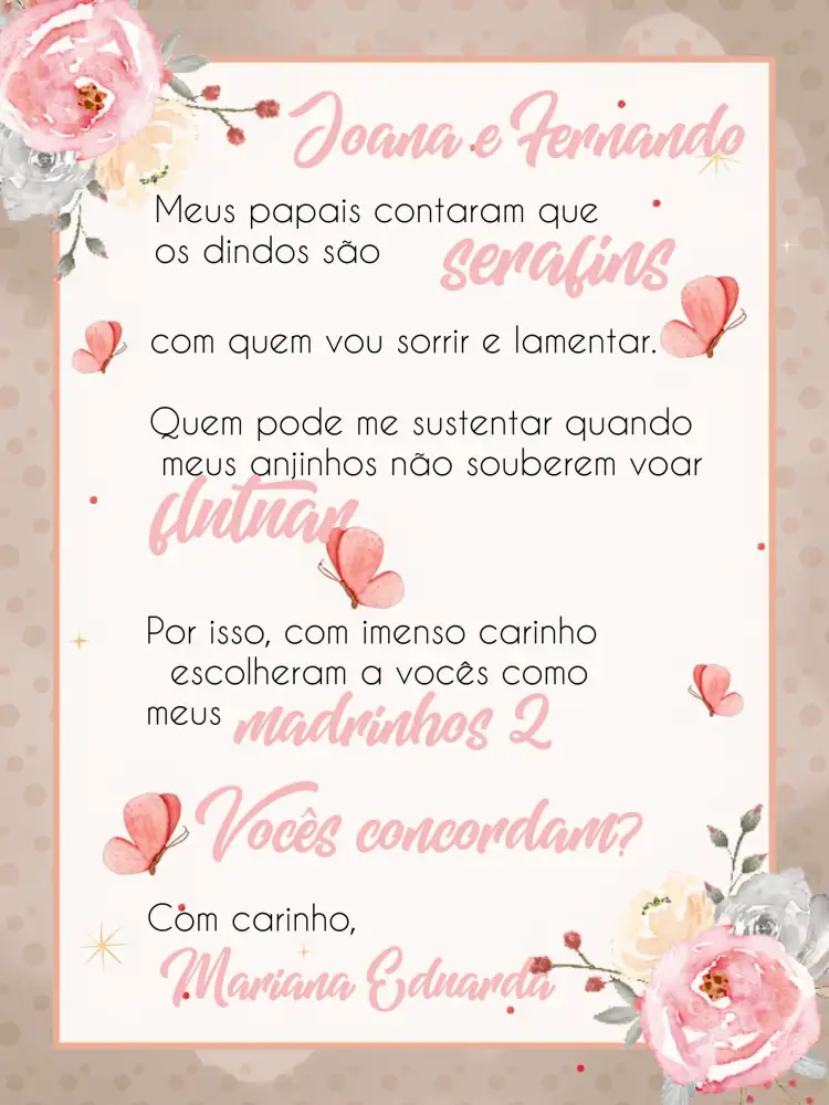 Convite Batizado Padrinhos Floral Rosa – tema Batizado floral, rosa, delicado, moderno, infantil