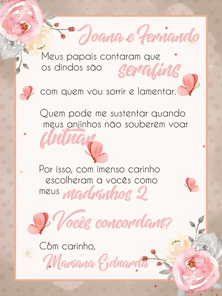 Convite Batizado Padrinhos Floral Rosa