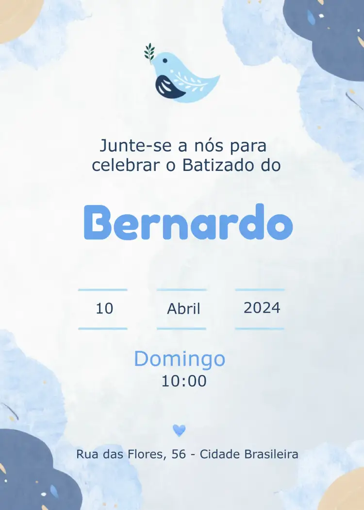 Convite Batizado Passarinho Batismo – tema Batizado pássaros, azul claro, estilo minimalista, ilustrações infantis, tema religioso, design alegre