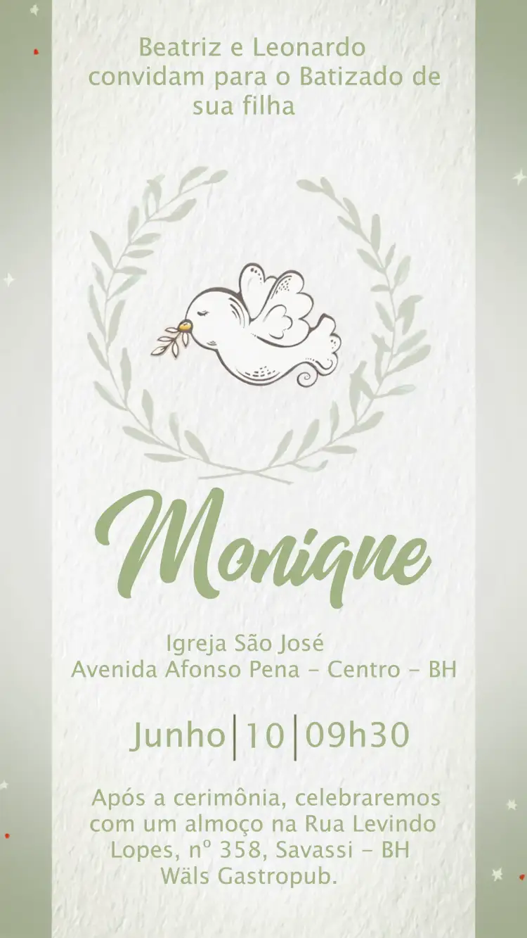 Convite Batizado Passarinho Batismo – tema Batizado passarinho, verde, oliva, minimalista, infantil, delicado