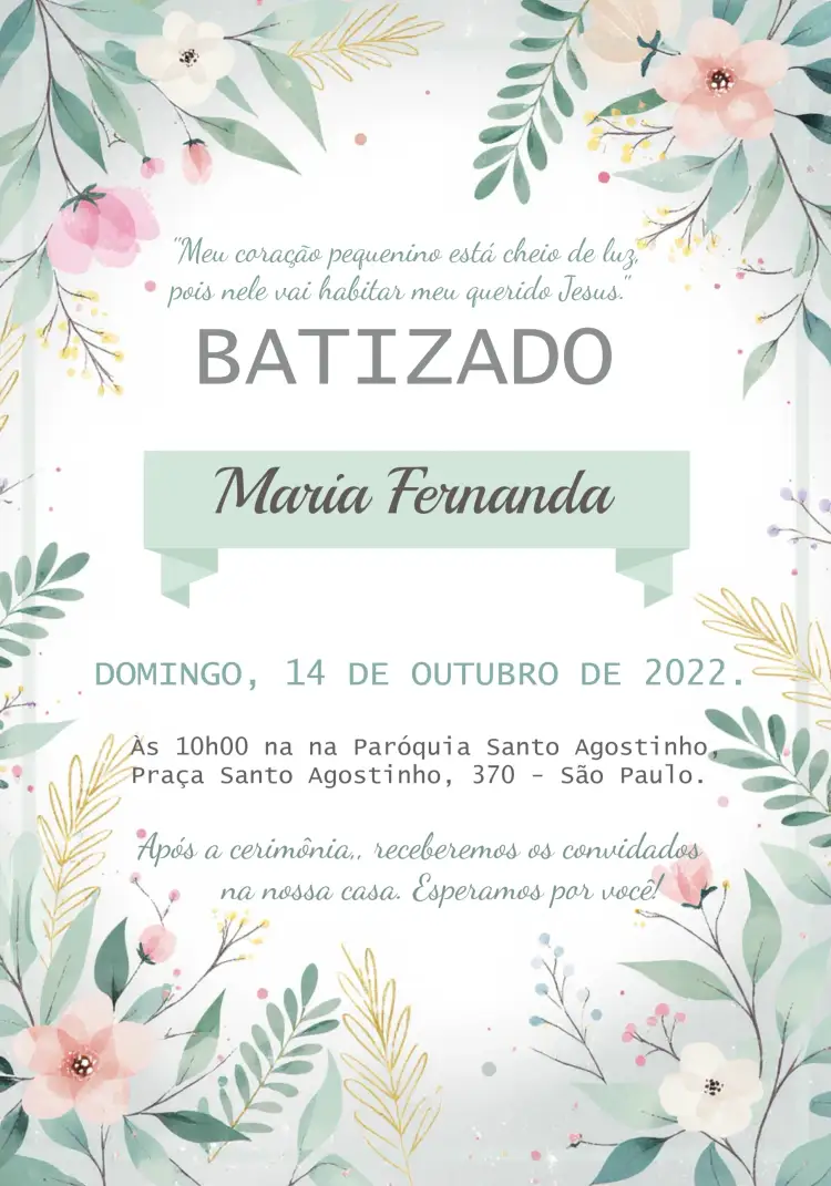 Convite Batizado Rosa – tema Batizado floral, suave, moderno, elegante, pastel, delicado
