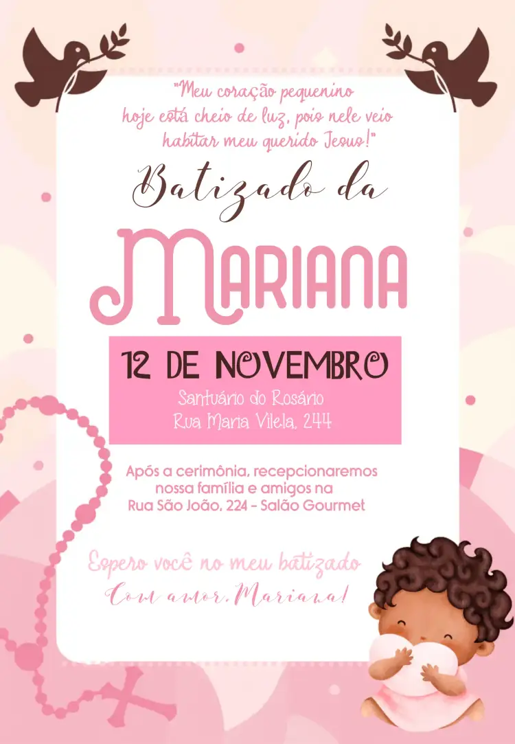 Convite Batizado Rosa – tema Primeira Comunhão rosa suave, anjos, minimalista, floral, moderno