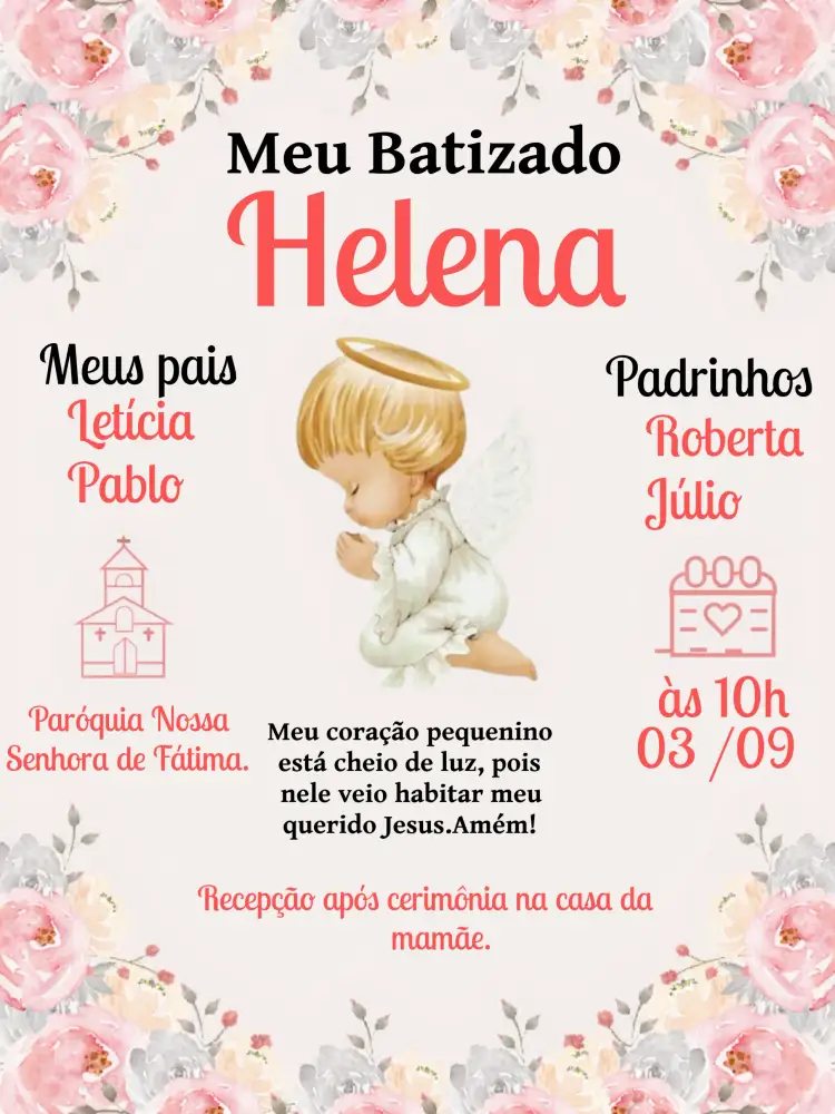 Convite Batizado Rosa – tema Batizado floral, delicado, romântico, moderno, suave, minimalista