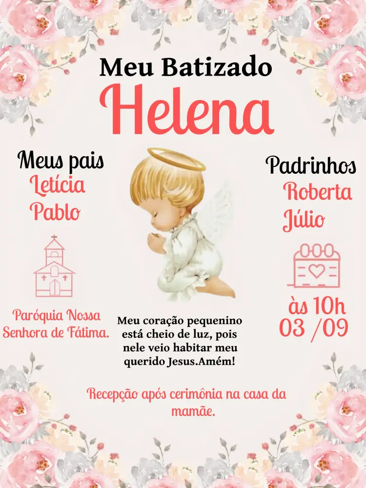 Convite Batizado Rosa editável e personalizável