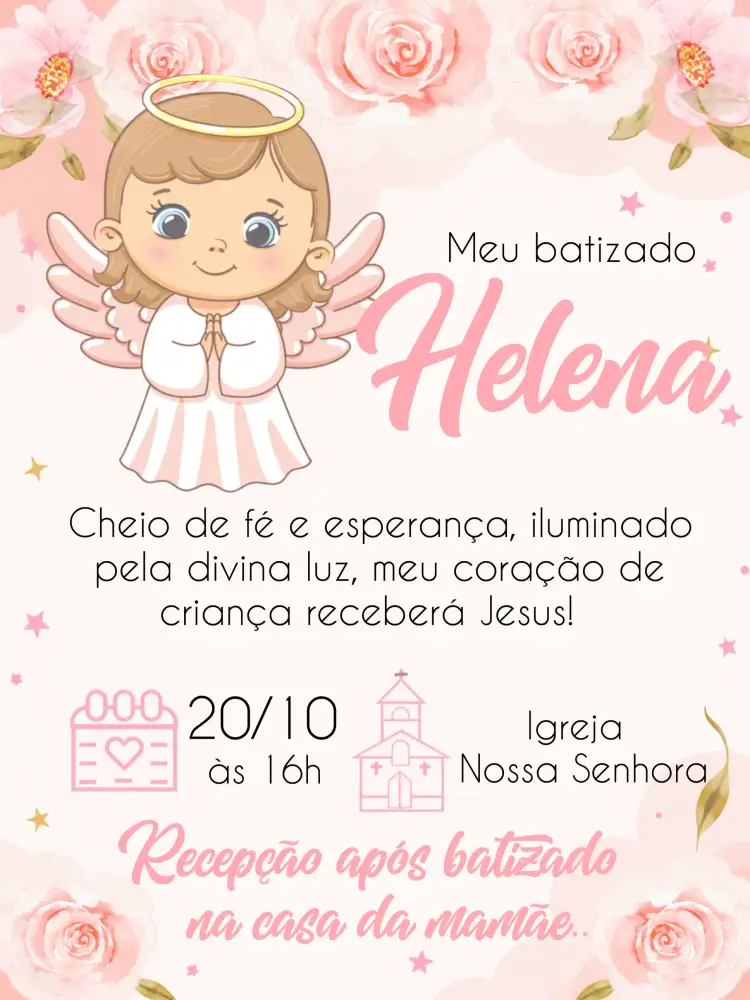 Convite Batizado Rosa – tema Batizado floral, delicado, rosa, branco, anjinha, moderno