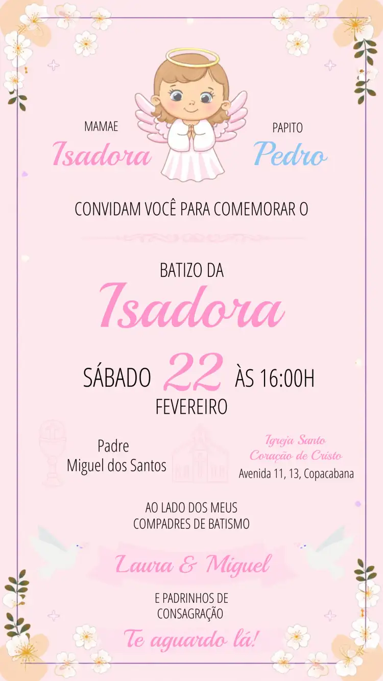 Convite Batizado Rosa – tema Batizado floral, delicado, rosa, angelical, minimalista, feminino