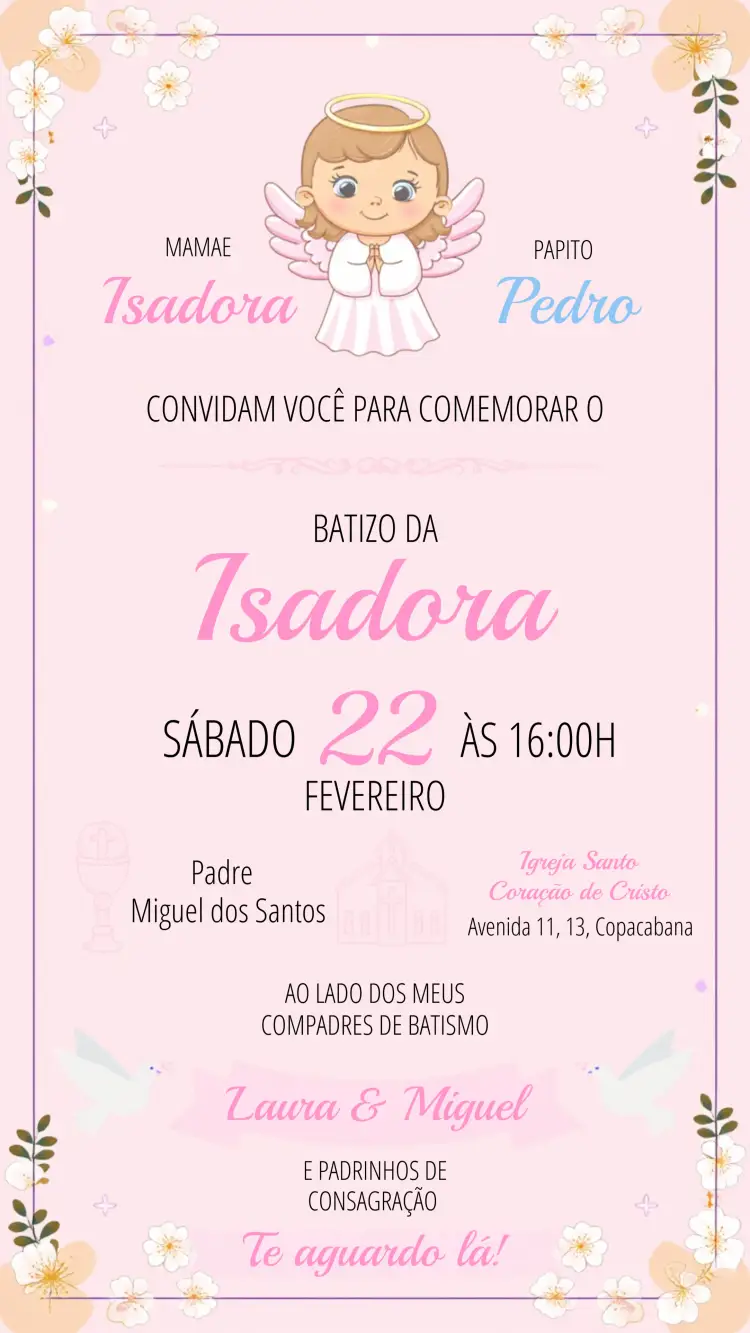 Convite Batizado Rosa