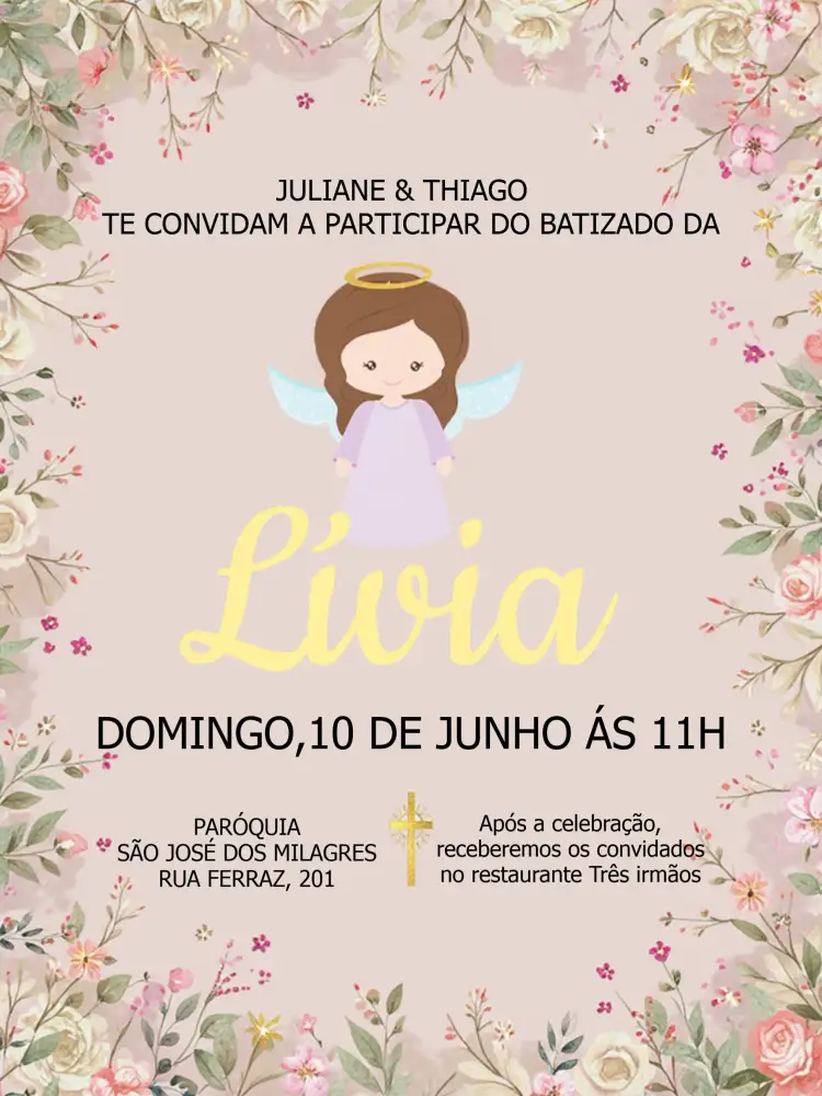 Convite Batizado Rosa – tema Batizado rosa suave, anjinhos, delicado, minimalista, infantil, elegante