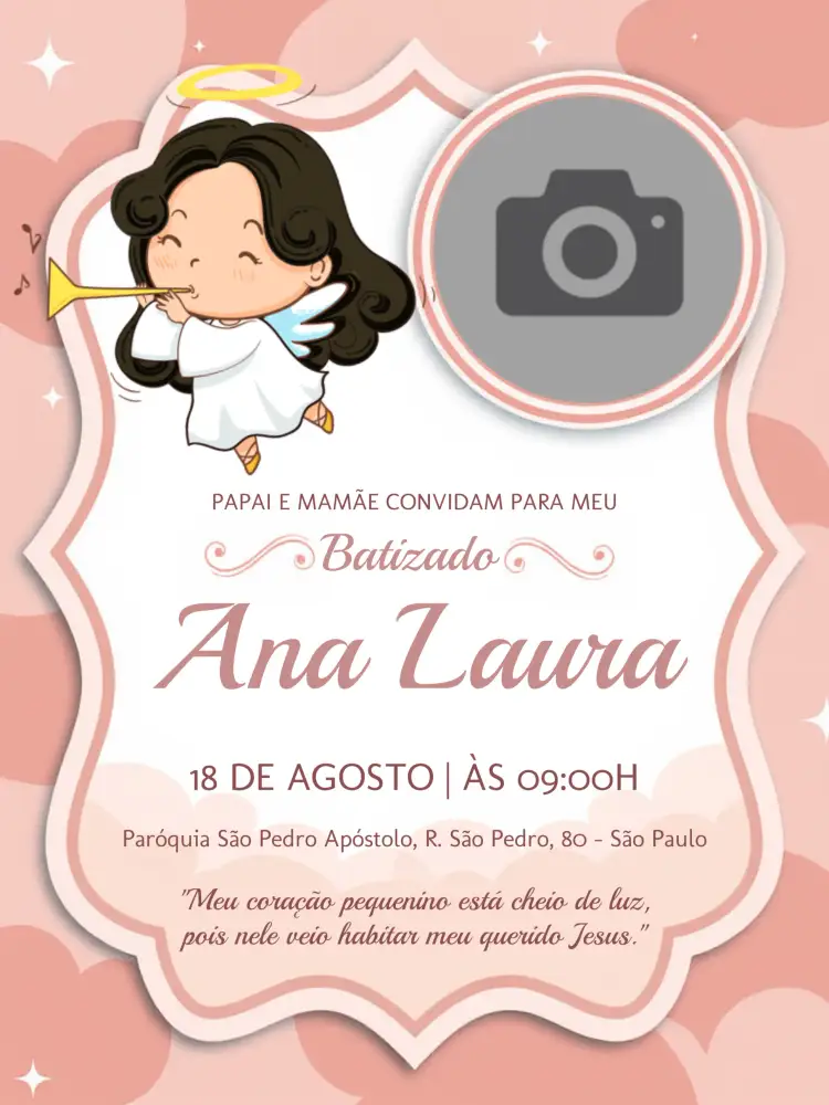 Convite Batizado Rosa Com Foto Batismo – tema Batizado rosa, anjinhos, minimalista, delicado, feminino, espiritual