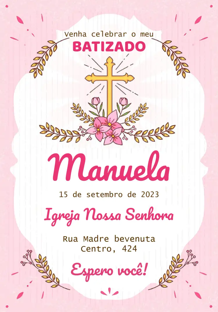 Convite Batizado Rosa Floral – tema Batizado floral, rosa, delicado, romântico, moderno, infantil