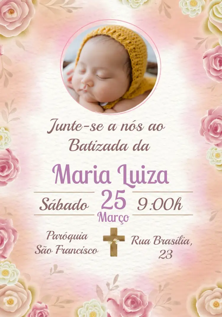 Convite Batizado Rosa Floral Com Foto Delicado – tema Batizado floral, delicado, rosa, elegante, infantil, moderno