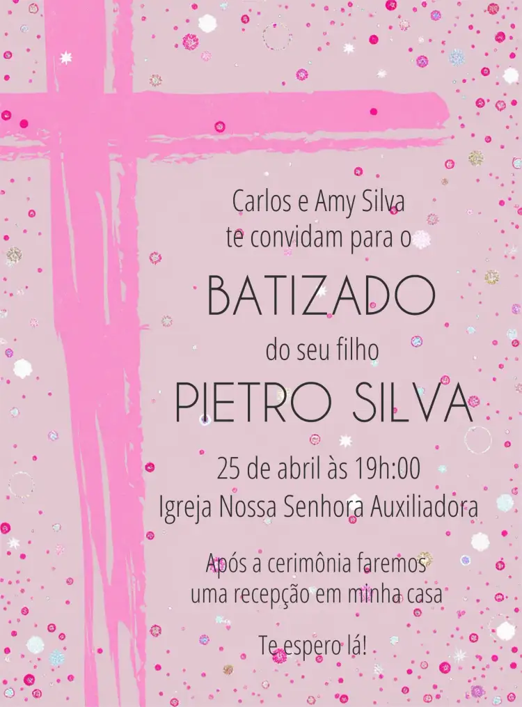 Convite Batizado Rosa Menina Batismo – tema Batizado rosa, delicado, floral, moderno, infantil