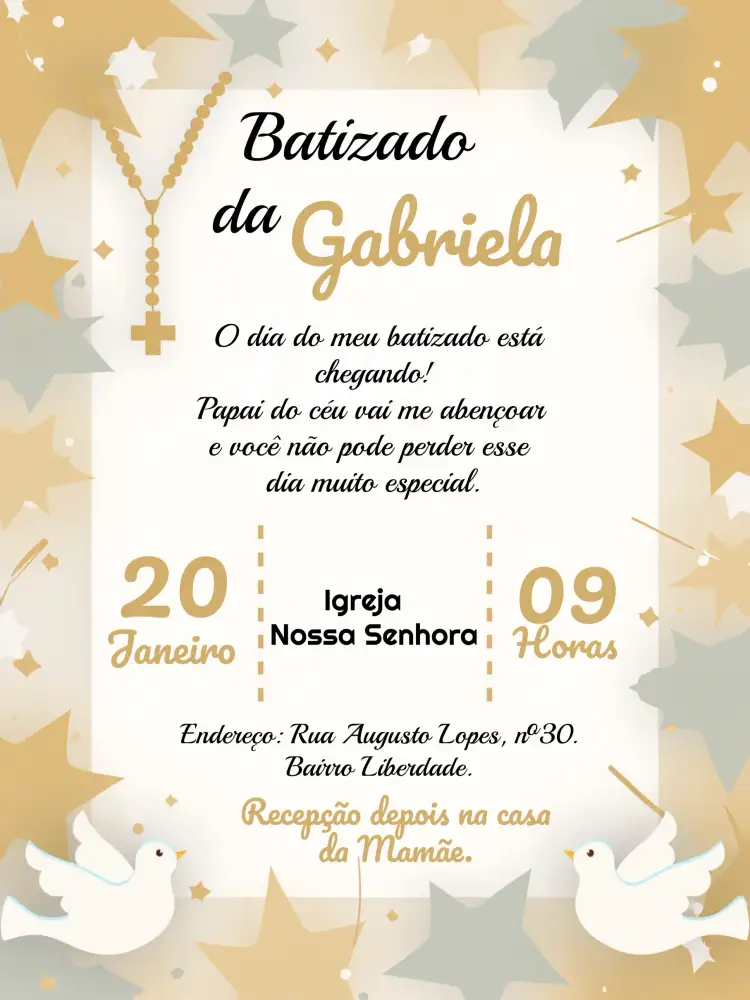 Convite Batizado Terço Madrinha – tema Batizado branco, dourado, religioso, anjinho, minimalista, neutro