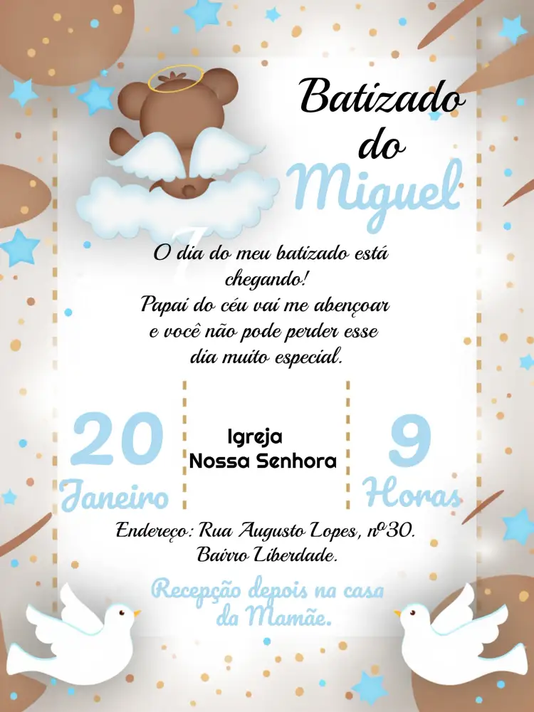 Convite Batizado Ursinho Menino – tema Batizado azul e branco, ursinho, religioso, infantil, carinhoso, delicado