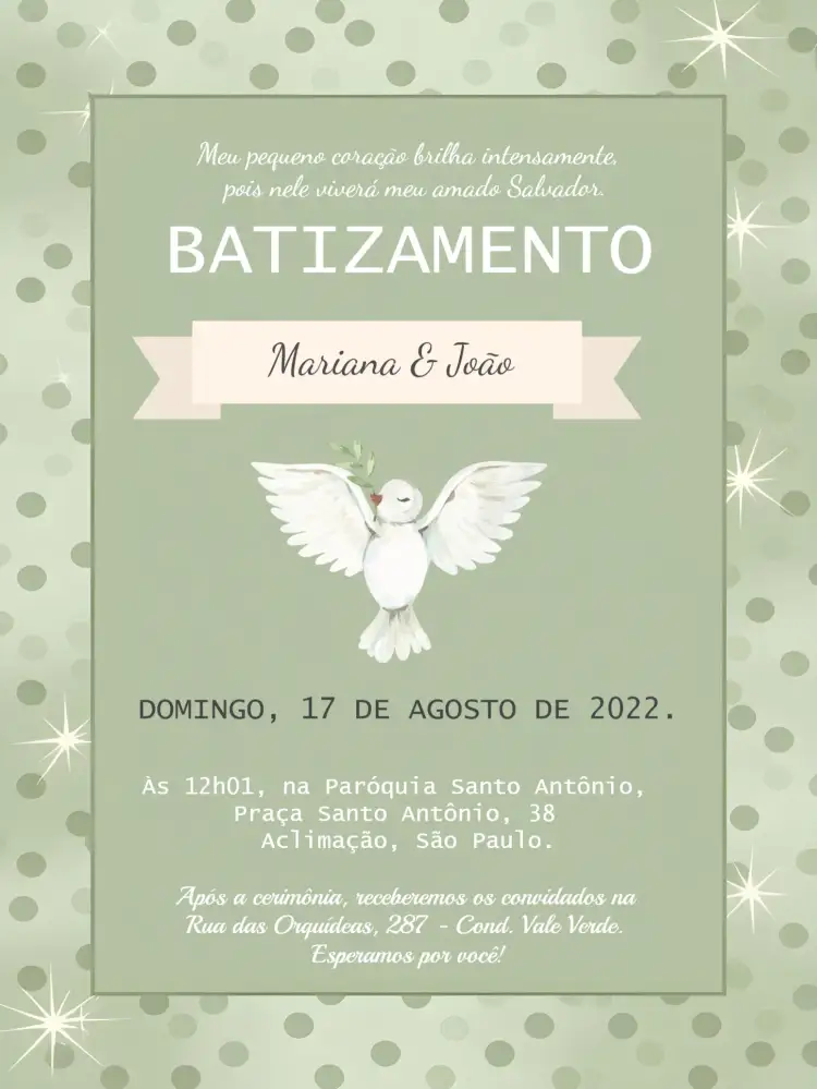 Convite Batizado Verde – tema Batizado verde, minimalista, moderno, delicado, alegre