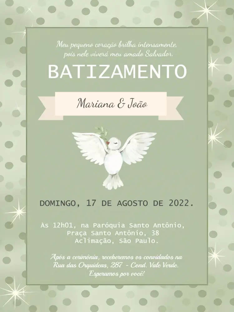 Convite Batizado Verde editável e personalizável
