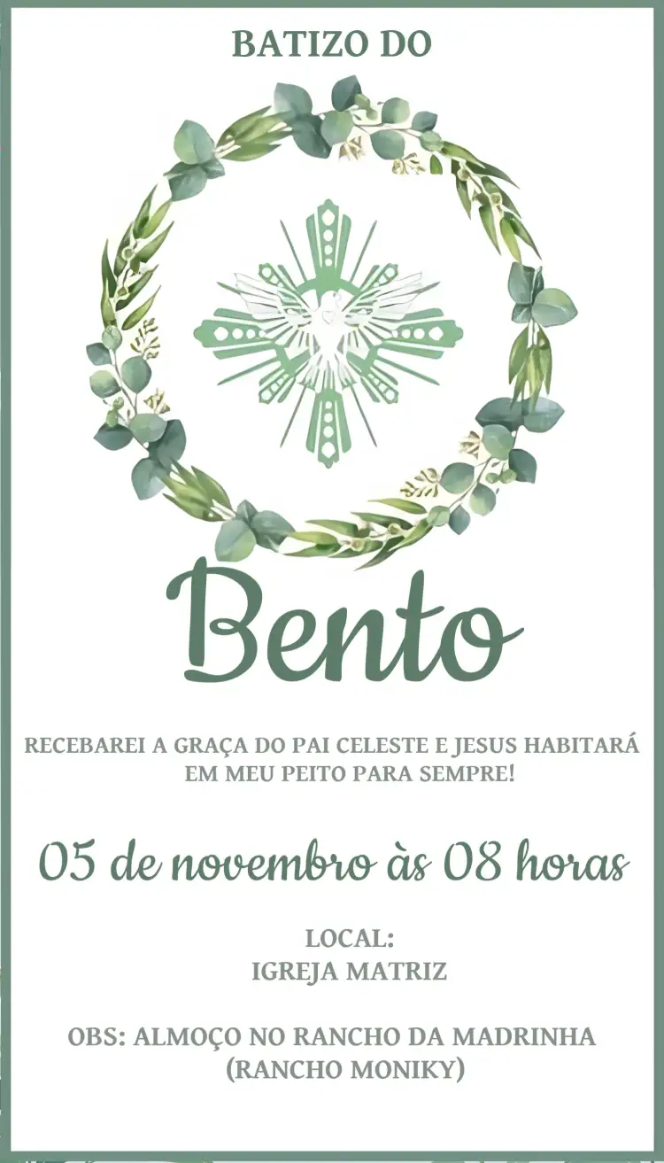 Convite Batizado Verde Batismo – tema Batizado verde, moderno, delicado, minimalista, igreja, natureza