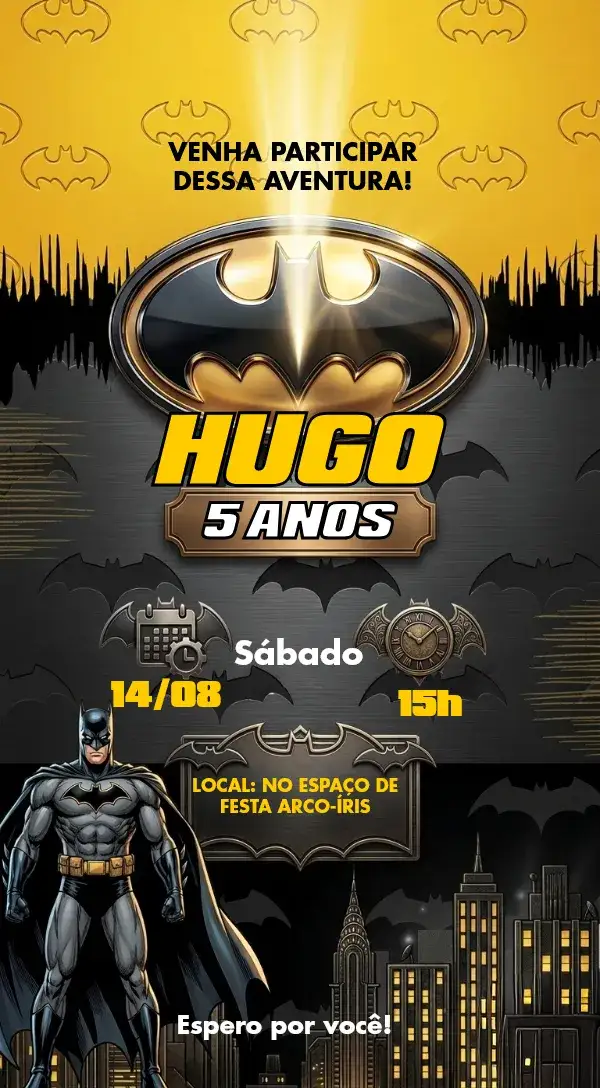 Convite Batman – tema Aniversário Infantil super-herói, moderno, futurista, cartoon, colorido, aventura