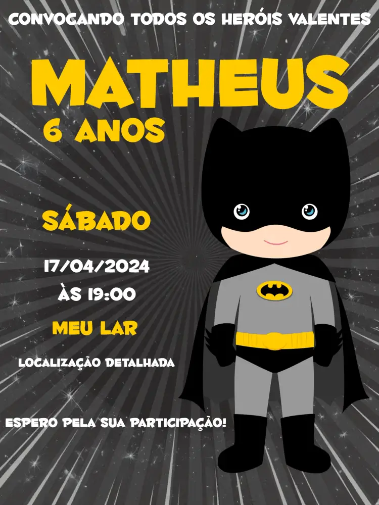Convite Batman Baby Infantil Amarelo – tema Aniversário Infantil super-heróis, amarelo, moderno, divertido, infantil, temático