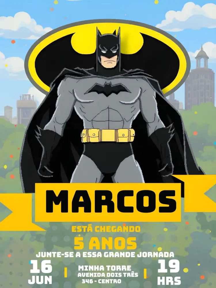 Convite Batman Dc – tema Mais pesquisados colorido, moderno, super-herói, urbano, divertido