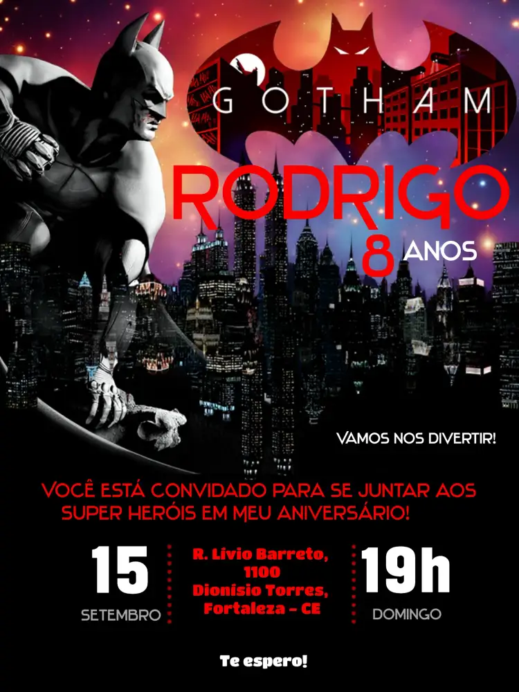 Convite Batman Gotham – tema Aniversário Infantil super-herói, cidade, noturno