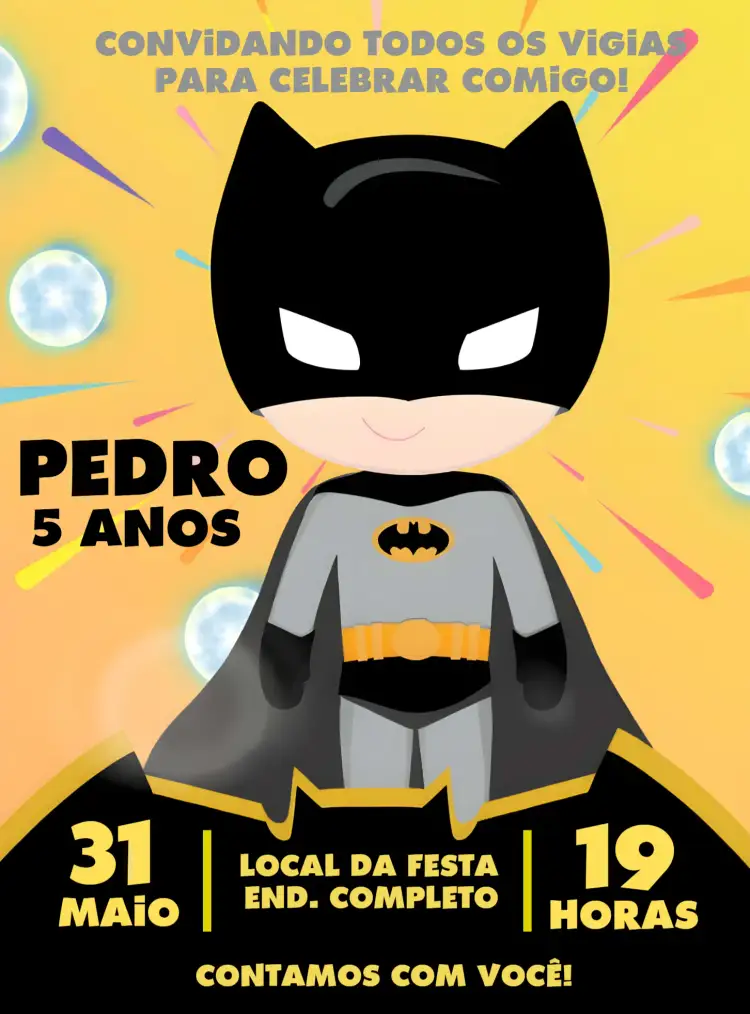 Convite Batman Toy Herói – tema Mais pesquisados temática de super-herói, cores vibrantes, estilo moderno, elementos gráficos de brinquedos, design divertido