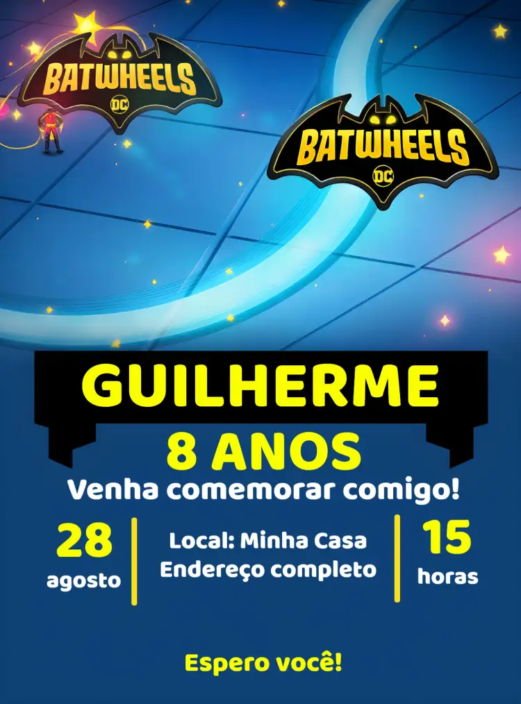 Convite Batwheels Azul – tema Mais pesquisados Batwheels, Super-heróis, Carros