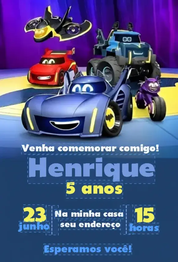 Convite Batwhells 1 – tema Cartão colorido, super-herói, divertido, infantil, moderno, brincalhão