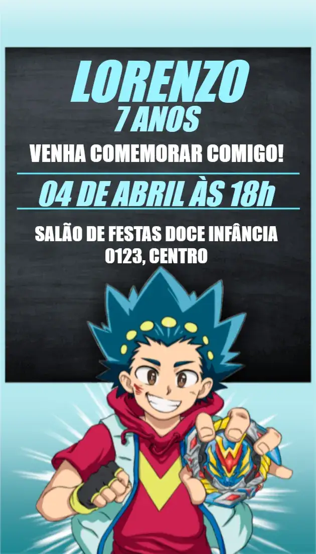Convite Bayblade Festa – tema Aniversário Infantil colorido, divertido, temático, moderno, jovial