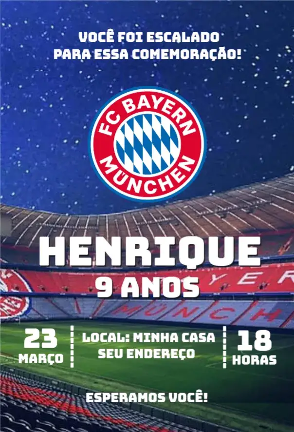 Convite Bayern de Munique 4 – tema Aniversário futebol, moderno, colorido, jovial, esportivo