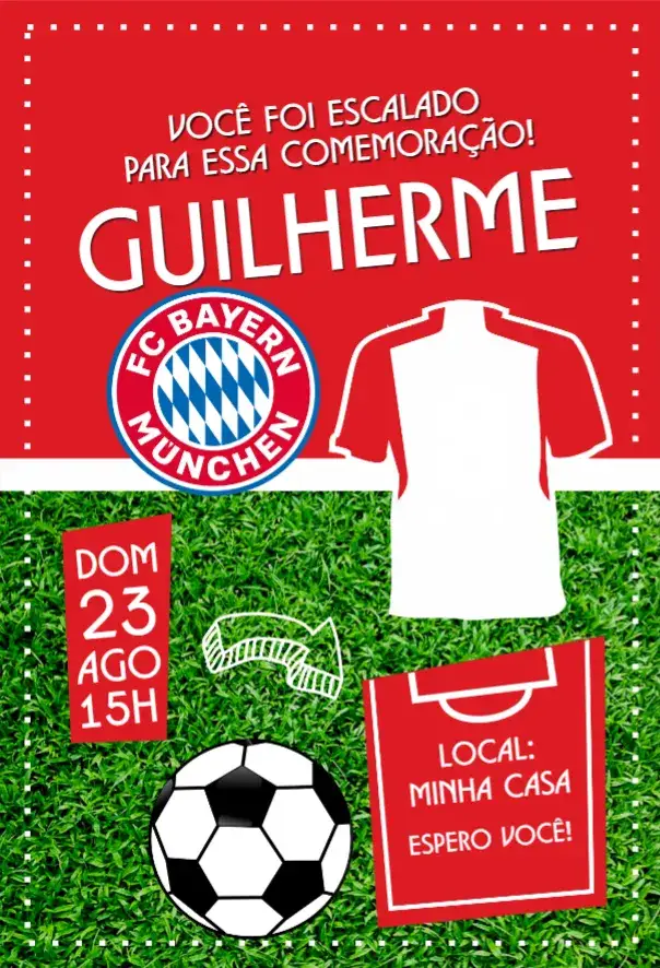 Convite Bayern de munique camisa – tema Aniversário vermelho e branco, futebol, moderno, esportivo, dinâmico