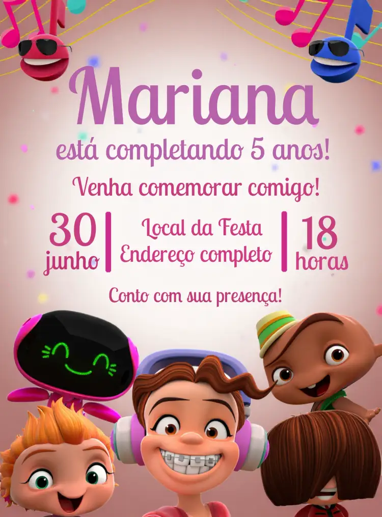 Convite Beat Power Rockers Rockets – tema Mais pesquisados colorido, rock, infantil, dinâmico, divertido, temático