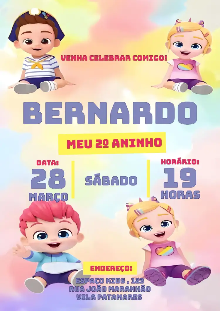 Convite Bebefinn Baby Kids – tema Aniversário Infantil colorido, lúdico, divertido, temático, moderno