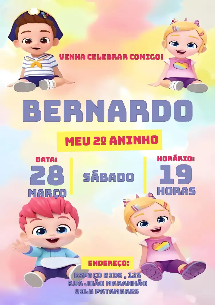 Convite Bebefinn Baby Kids editável e personalizável