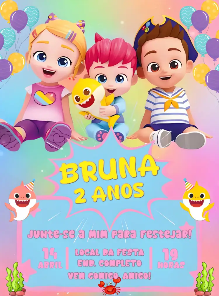 Convite Bebefinn Bora – tema Aniversário Infantil colorido, divertido, ilustrações infantis, moderno, lúdico