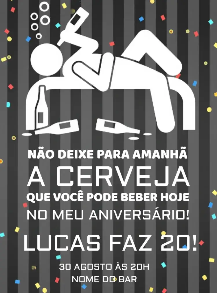 Convite Bebida Boteco Bar – tema Aniversário cores vibrantes, estilo boteco, elementos gráficos de bebida, design divertido, atmosfera descontraída
