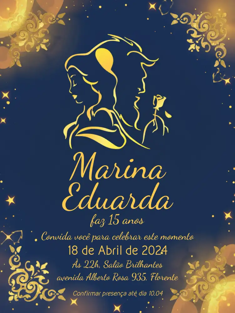 Convite Bela E A Fera Azul – tema 15 anos azul, dourado, contos de fadas, elegante, arabescos, temática